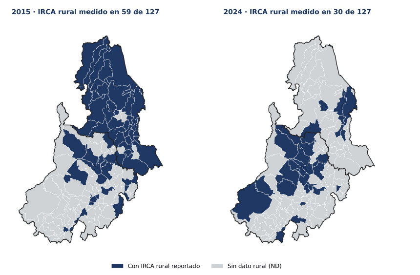 Mapas del Gran Santander con los municipios que reportan calidad del agua rural: 59 de 127 en 2015 y 30 de 127 en 2024.